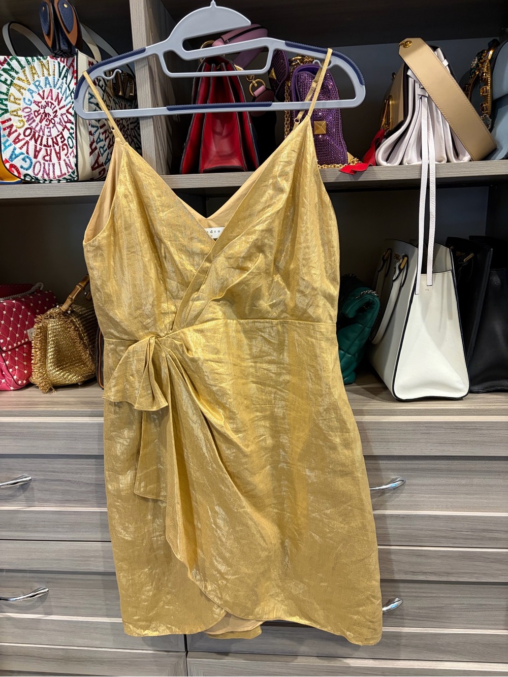 Sandro Shimmery Gold Wrap-Style Mini Dress